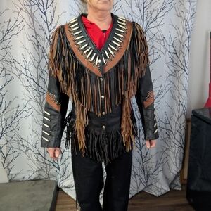 Fringe Leather Jacket with Beaded Accents